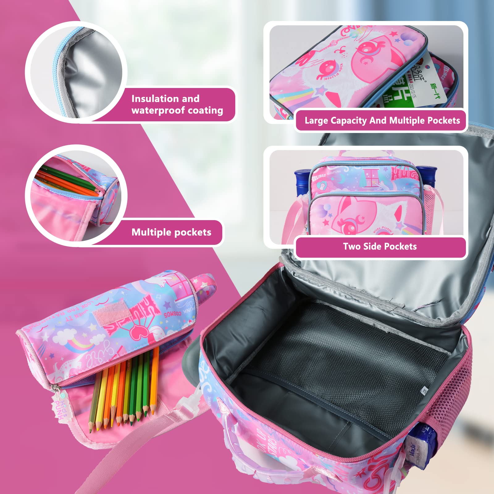 KidsPUNK 16 Inch Girls Backpack with Lunch Box and Pencil Case 3 in 1 Cute Pink Cat Backpacks for Girls Kindergarten Preschool Elementary Kawaii Kids Backpack with Bento Lunch Bag
