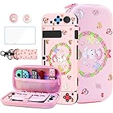 HYPERCASE Cute Switch Carrying Travel Bag for Nintendo Switch Accessories, Pink Bunny Soft Switch Cover Case for NS Console, HD Screen Protector, Shoulder Strap, 2 Kawaii Thump Caps