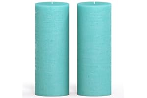 CANDWAX Turquoise Pillar Candles 3x8 Inch – Set of 2 Unscented Dripless Large Candles, Rustic Finish for Weddings, Home Decor