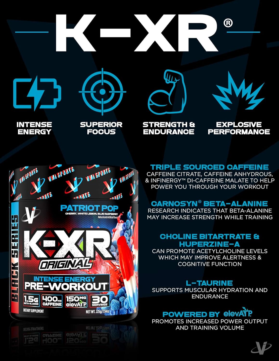 VMI Sports K-XR Pre-Workout Supplement for Intense Energy, Miami Vice, Muscle Builder for Extreme Pumps, Enhanced Focus, Creatine Free, Endurance, Strength and Power Pre-Workout Powder: Health & Personal Care