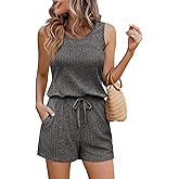 Ekouaer Rompers for Women Summer 2026 Casual Sleeveless Scoop Neck Tank Top Ribbed Short Jumpsuits Romper with Pockets