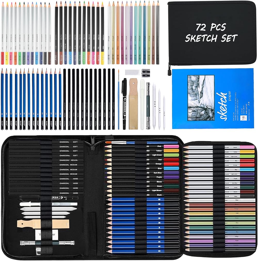 Cozii 72Pcs Sketching Kit Set with Sketchbook Carry Case Pro Art Supplies