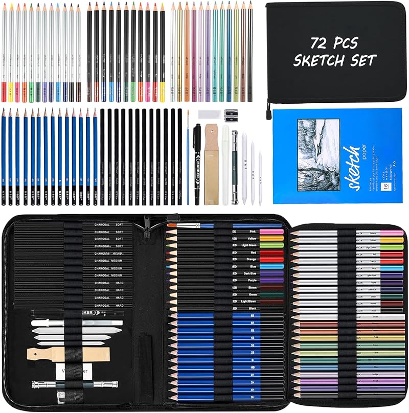 Cozii 72Pcs Sketching Kit Set with Sketchbook Carry Case Pro Art Supplies