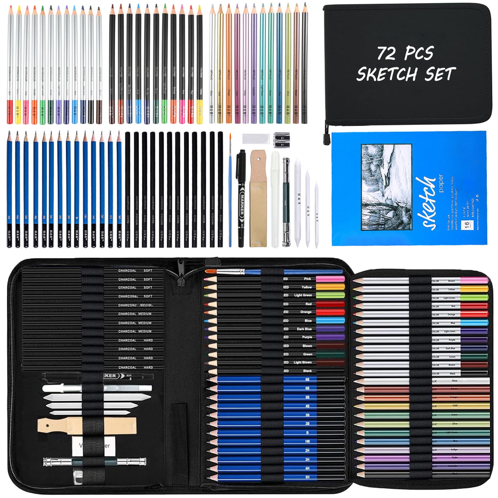 72Pcs Drawing Sketching Kit Set, Pro Art Supplies with Sketchbook, Watercolor, Graphite, Colored, Metallic, Charcoal Pencil, Drawing Set in Zipper Carry Case for Adults Teens Beginner
