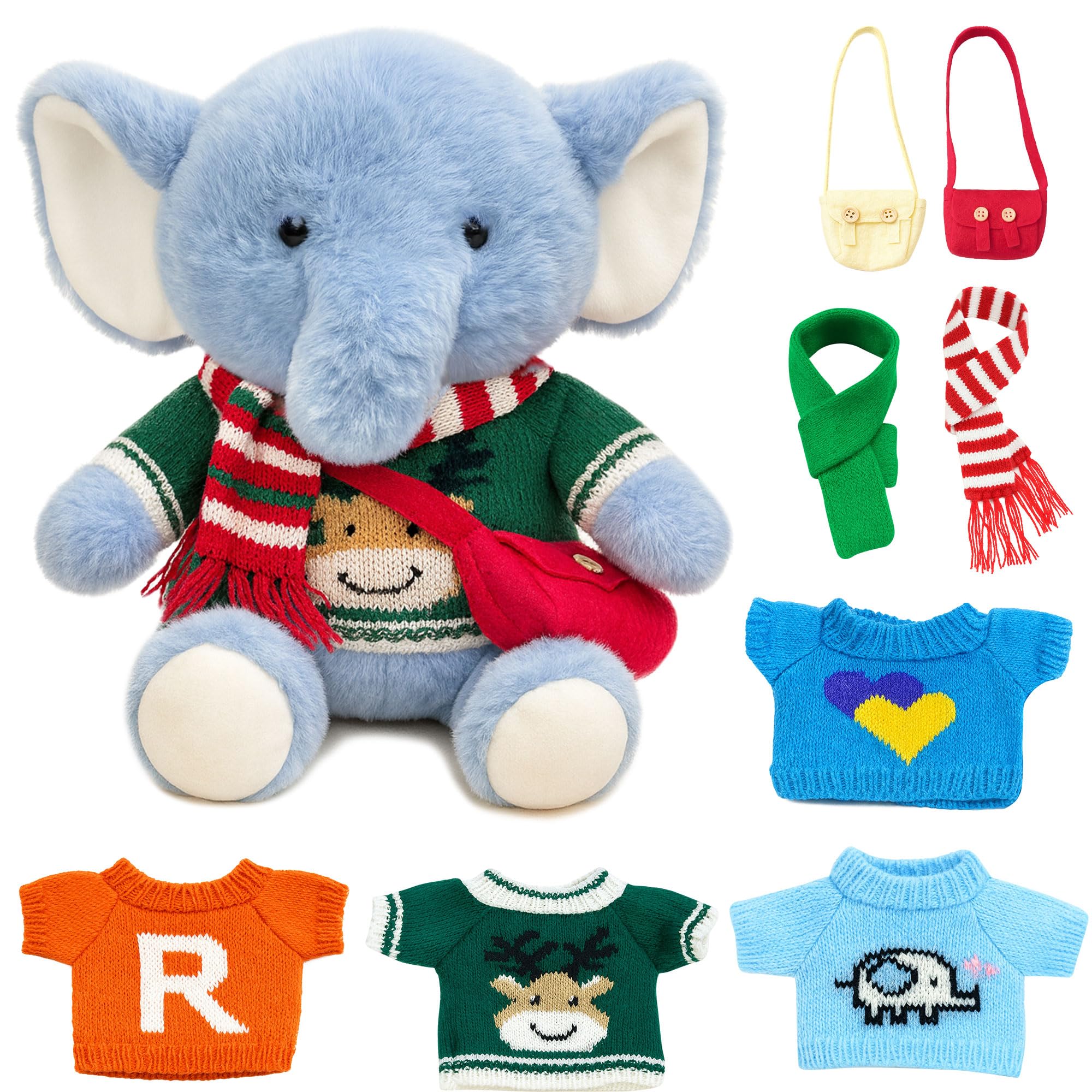 Destlife Elephant Stuffed Animal with 8 Clothes & Accessories, 12 in Cute Elephant Stuffed Animal Plush, Dress Up Plush Toy Gift for Kids, Birthday Gift or Travel Buddy