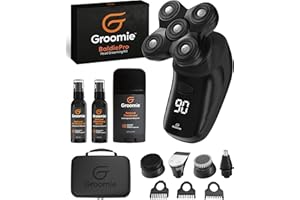 Groomie Crispy AF, Shaving & Grooming Kit for Bald Men - Set Includes BaldiePro Electric Razor, Pre-Shave Oil, Aftershave, Deodorant & Travel Carrying Case - All-in-One Head Shaver Kits for Men