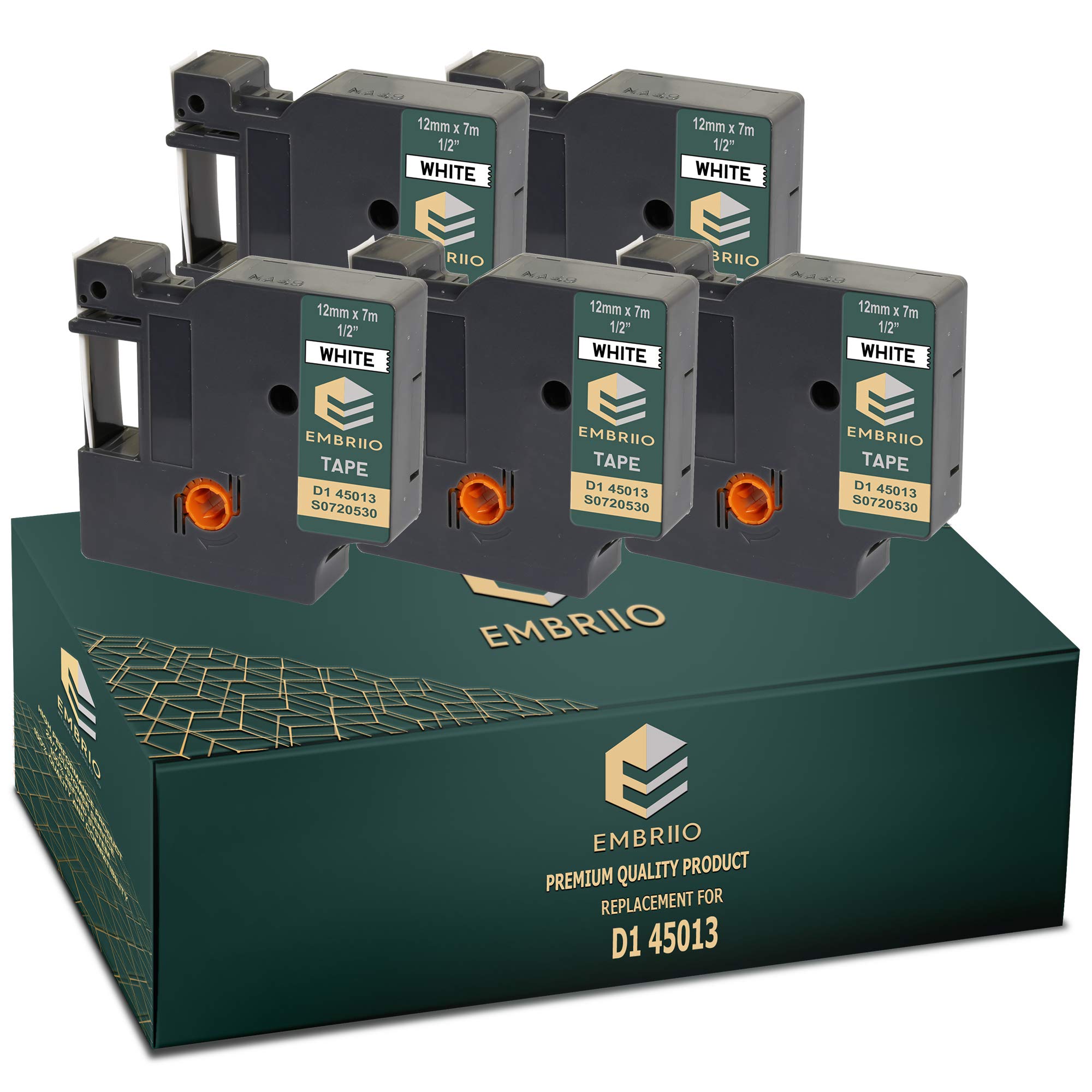 EMBRIIO 45013 Set of 5 Label Tapes Replacement for LabelWriter 450 LabelManager 160 360D 420P 280 PnP 210D LW 450 Duo LM 500TS 120P LabelPoint 150 250 | Black on White | 12 mm x 7 m