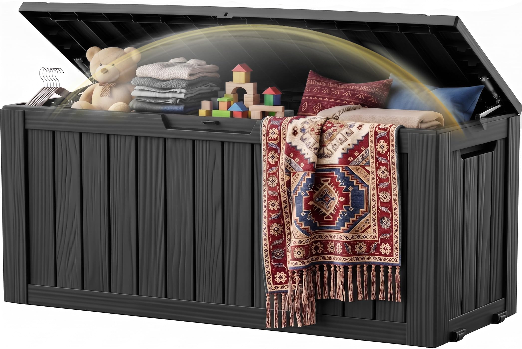 EFU Outdoor Storage Box, 150 Gal Gen 2 Resin Deck Box w/Gas Struts & Wheels | UV Protected & Waterproof Large Outside Storage