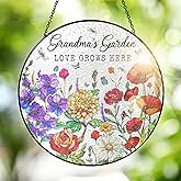 FLAGWIX Grandma Gifts - Grandmas Garden Stained Glass Window Hanging with Base 8 in - Mothers Day Decorations Nana Gigi Gifts for Grandma, Sun Catchers Indoor Window for Home Garden Decor