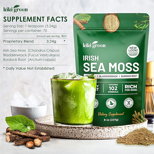 KIKI GREEN IRISH SEA MOSS POWDER 8 OZ – WITH BLADDERWRACK BURDOCK ROOT EXTRACT FOR IMMUNE SUPPORT – KETO, VEGAN SUPPLEMENT