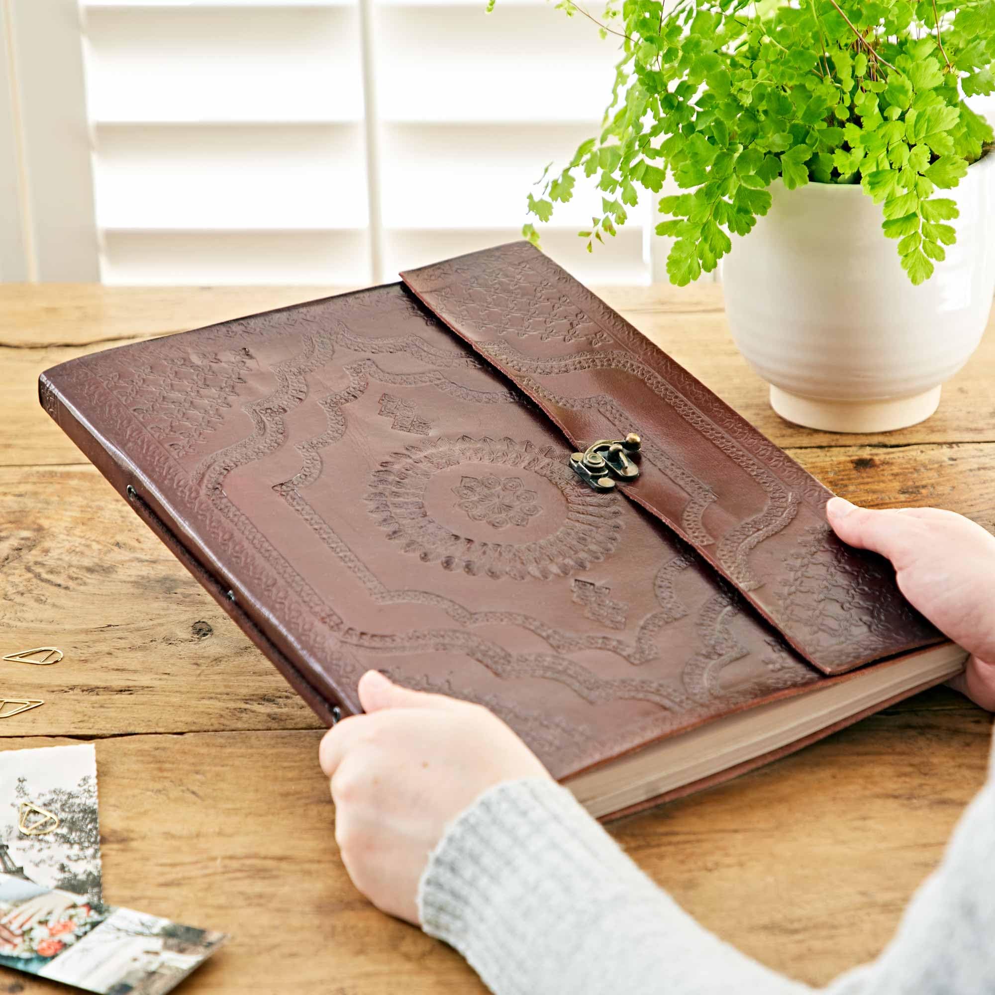 Extra Large Embossed Leather Photo Album with Clasp | 30 Pages to fit 240 6x4 or 120 7x5 Inch Photos | Fair Trade & Handmade | Scrapbooking and Crafting Picture Album | 34cm x 26cm