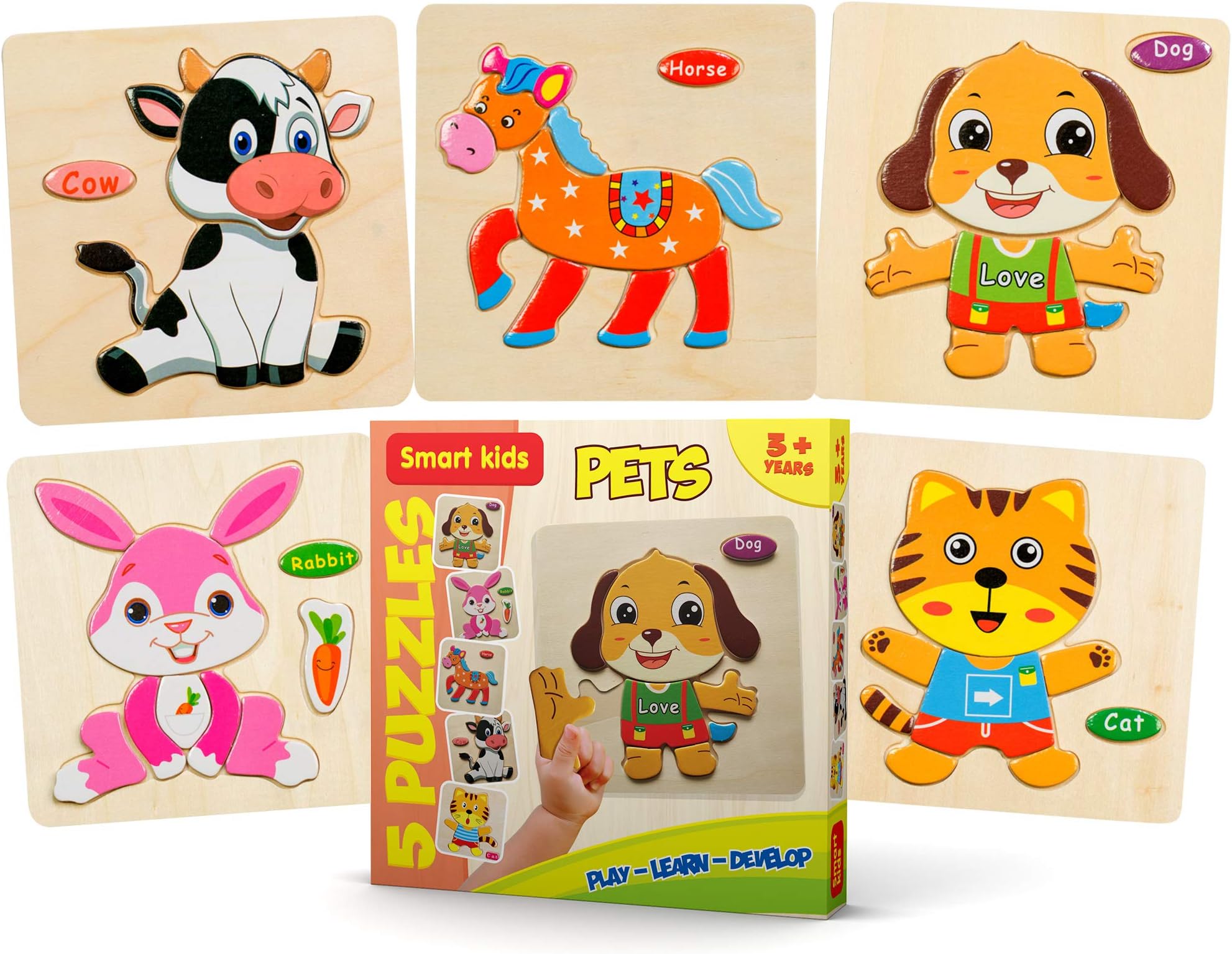 Smart Kids Service - Wooden Puzzles for Toddlers - 5 Pack - Kids Puzzles Age 3+ Years Toddlers Puzzles for Kids Boys and Girls - Pets Set - Cat - Dog - Horse - Rabbit - Cow - 48 pcs.
