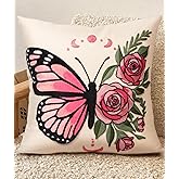 Kokaaee Embroidered Throw Pillow Cover 18x18 Inch - Spring Summer Boho Decorative Pillow Cover with Zipper for Living Room Couch Sofa Bed Aesthetic Design Rose Butterfly Cushion Pillowcase