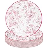 Elyxio 48Pcs Pink Floral Paper Plates Vintage Flower Disposable Party Plates Wildflower Pink Toile 7" Round Dessert Appetizer Plate for Birthday Baby Bridal Shower Tea Party Supplies