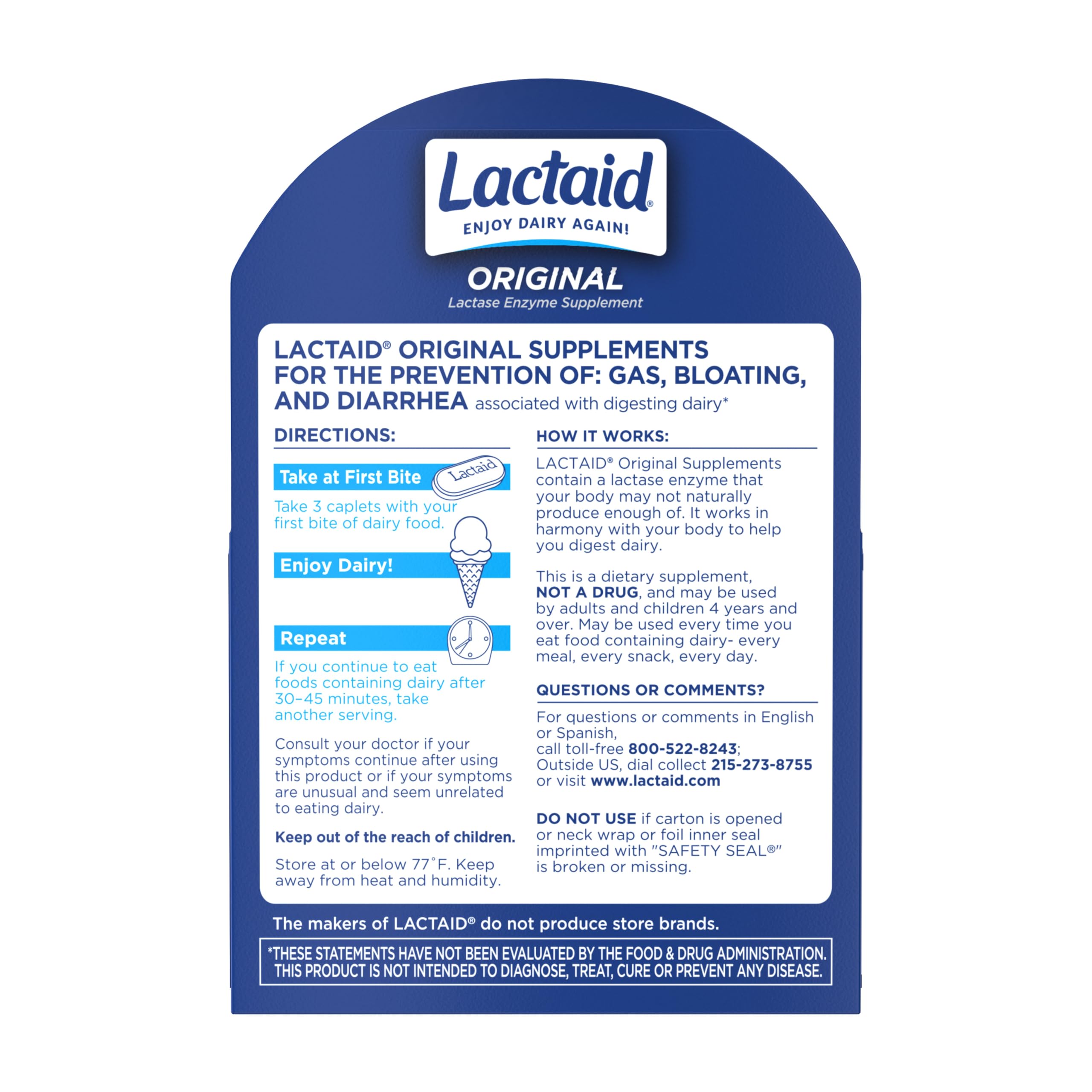 Lactaid Original Strength Lactose Intolerance Pills, 9000 FCC Natural Lactase Enzyme Dairy Relief Caplets, Helps Prevent Gas, Bloating & Diarrhea Due to Lactose Sensitivity in Adults & Kids, 120 Count