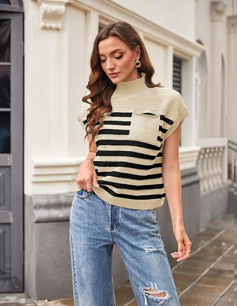 GRACE KARIN WOMEN’S STRIPED SWEATER VEST SLEEVELESS MOCK NECK CAP SLEEVE KNIT SWEATER TOPS BUSINESS CASUAL OUTFITS APRICOT BLACK L