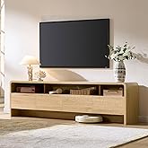 AMERLIFE 70" Modern TV Stand for TVs Up to 80", Wood TV Console with Curved Profile Design & 2 Storage Cabinets, Media Console Entertainment Center for Living Room, Natural Oak