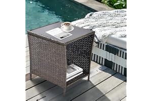 SoarFlash Outdoor Patio Wicker End Table Square Side Bistro Coffee Table with Glass Top Storage Shelf for Garden Lawn Backyard, Black Gold
