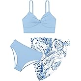 MIGU Girls Swimsuit Bathing Suit Solid Color Twist Cross Tropical Floral 3 Piece Girls' Swimwear Bikini with Cover Up 9-16T