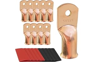 F.S.P 10pcs 4/0 AWG-1/4 Ring Battery Lugs, Copper Lugs, Battery Cable Ends, Tubular Ring Terminals, Crimp Wire Ring Lugs, Battery Terminal Connectors with Heat Shrink Tubing (10, 4/0 Awg - 1/4" (M6) Ring)