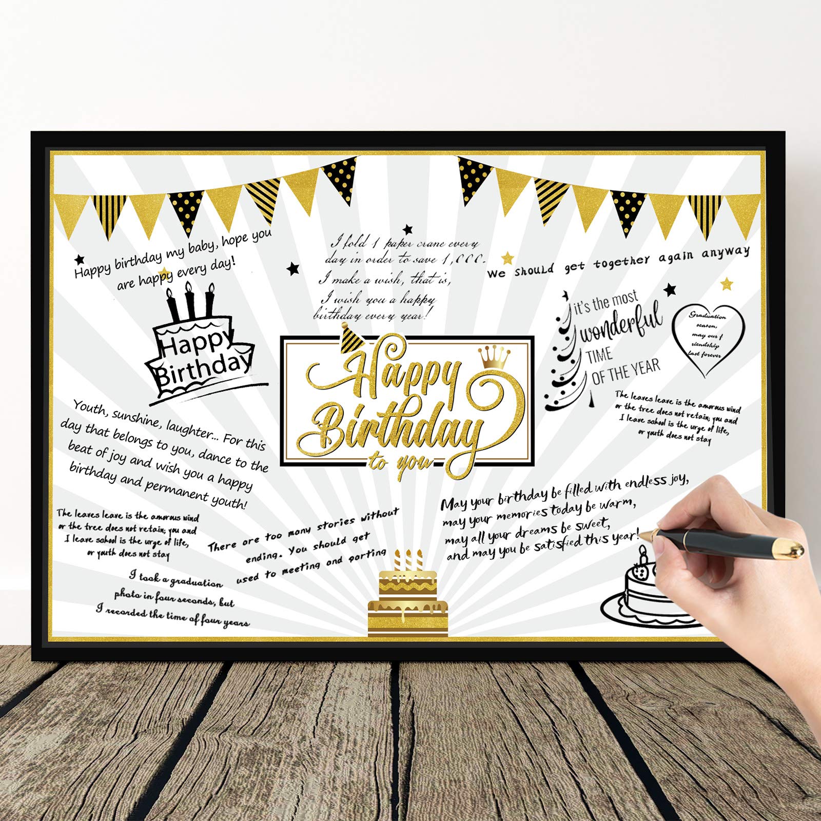 Birthday Card Decoration Happy Birthday Jumbo Message Greeting Cards Black and Gold Balloons Stars Birthday Party Decoration Card Guest Book Alternative Sign Poster for Men Women (General Type)