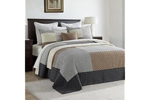 SahSahCasa 100% Cotton 128"x120" California King XL Bedspread Coverlet Quilt Set, Oversized Cal King Quilted Bedspread Large Quilt, Patchwork Plaid Bed Spread Lightweight Comforter, Brown/Cream/Gray