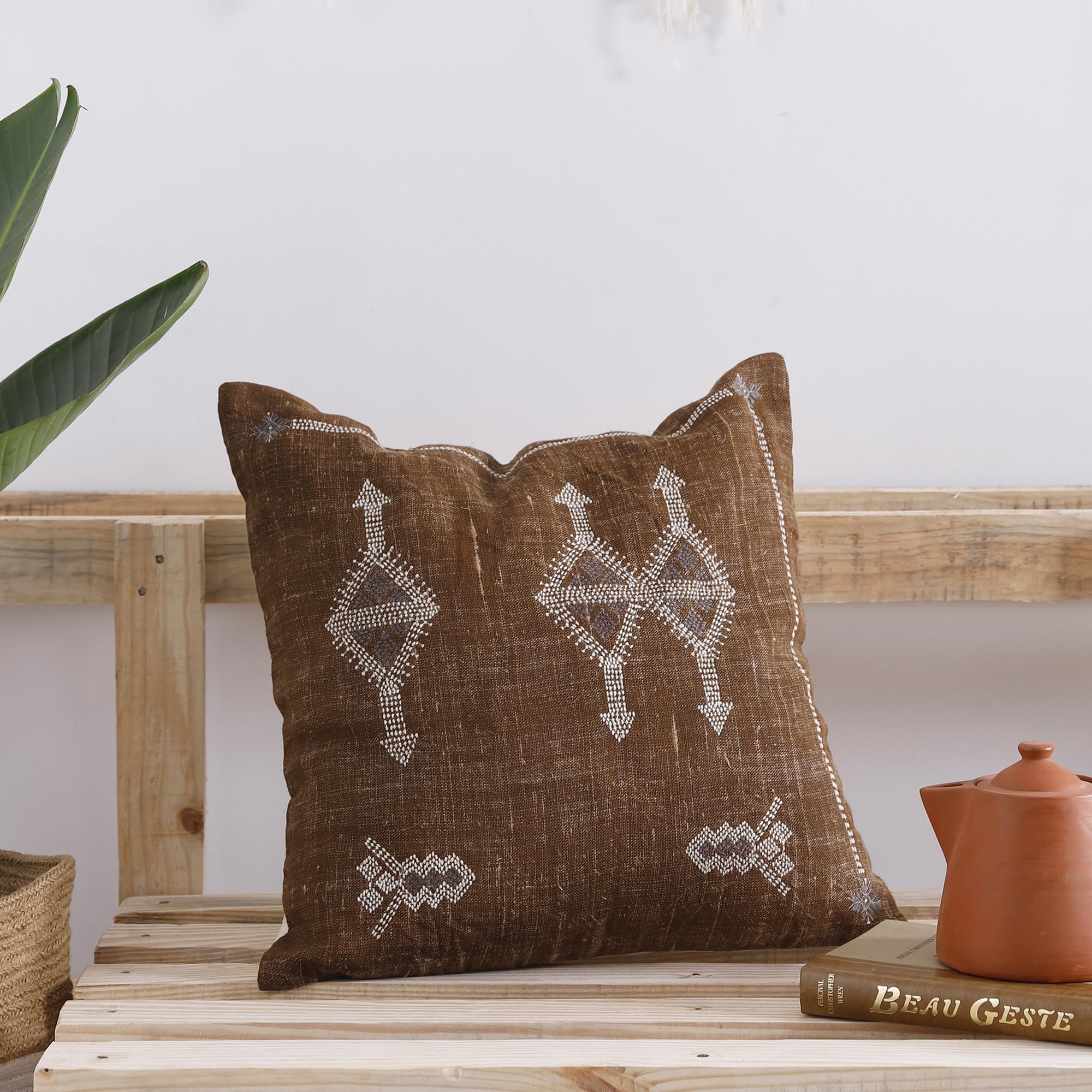 Photo 1 of Brown Color Cactus Silk Pillow, Rustic Throw Pillow, Embroidered Cushion Cover, Linen Cushion, Handmade Sabra Moroccan Decor Pillow 20x20
