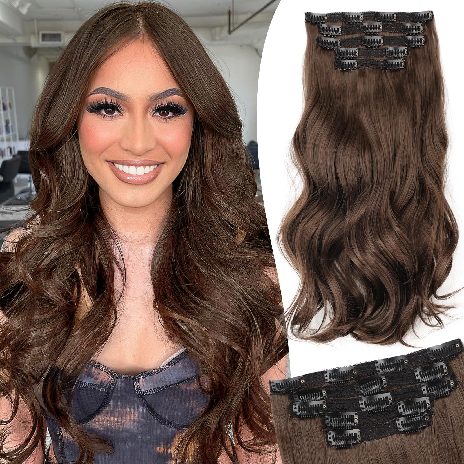 Photo 1 of Isaic Clip in Synthetic Hair Extensions Layered Long Wavy 5PCS Thick Hairpieces Balayage Dark Brown to Ash Brown Synthetic Double Weft Natural Hair Extensions 16 Inch for Women