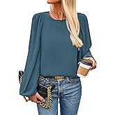 PRETTYGARDEN Womens Tops 2025 Spring Puff Long Sleeve Chiffon Work Blouses Dressy Casual Crewneck Flowy Shirts Fall Outfits