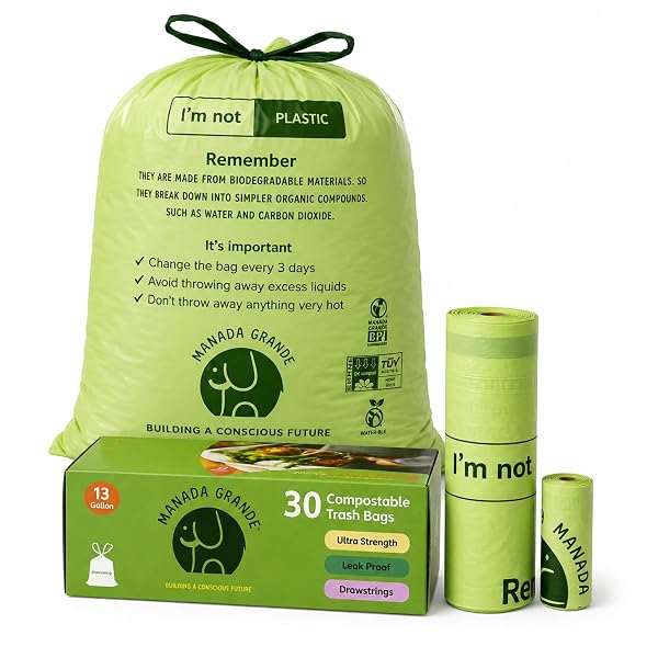 COMPOSTABLE TRASH BAGS 13 GALLON DRAWSTRING – 45...