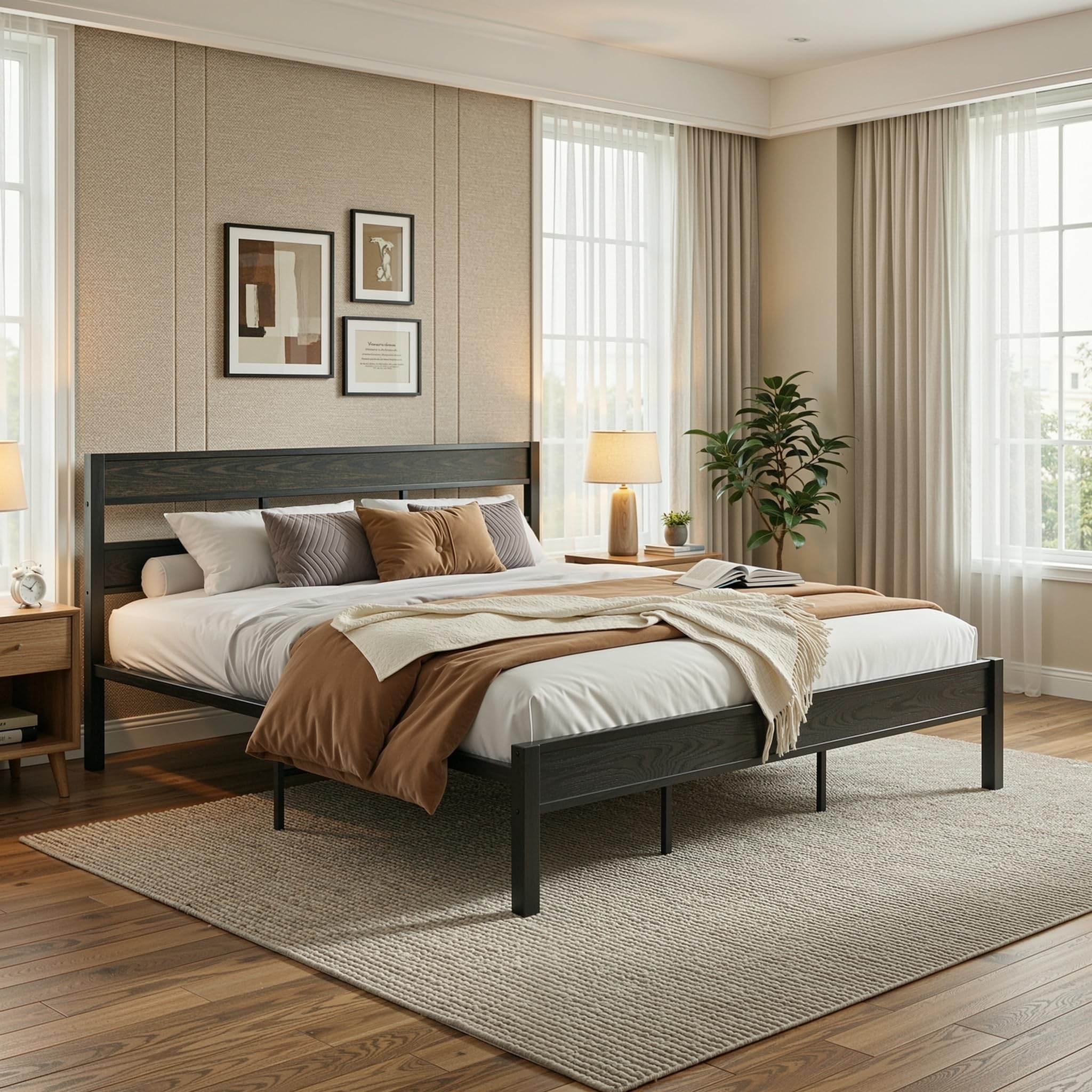 LIKIMIO King Bed Frame, with Headboard, Easy Assembly, Noise-Free, No Box Spring Needed, Heavy Strong Metal Support Frames, Charcoal Grey Image