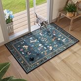 Rugcomf Small Area Rug 2x3 Door Mat Washable Animal Cat, Pearl Gentian Blue | Floral Non Slip Low Pile Polyester Soft Indoor Entrance Carpet for Entryway, Kitchen Front Door Entrance Entry Kids Room