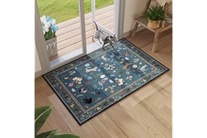 Rugcomf Door Mat Indoor Entrance 2x3 Rug Machine Washable Boho Floral Animal Cat Small Area Rug Non-Slip Low Pile Throw Rugs for Entryway Kitchen Front Door Indoor Entry Kids Room, Pearl Gentian Blue