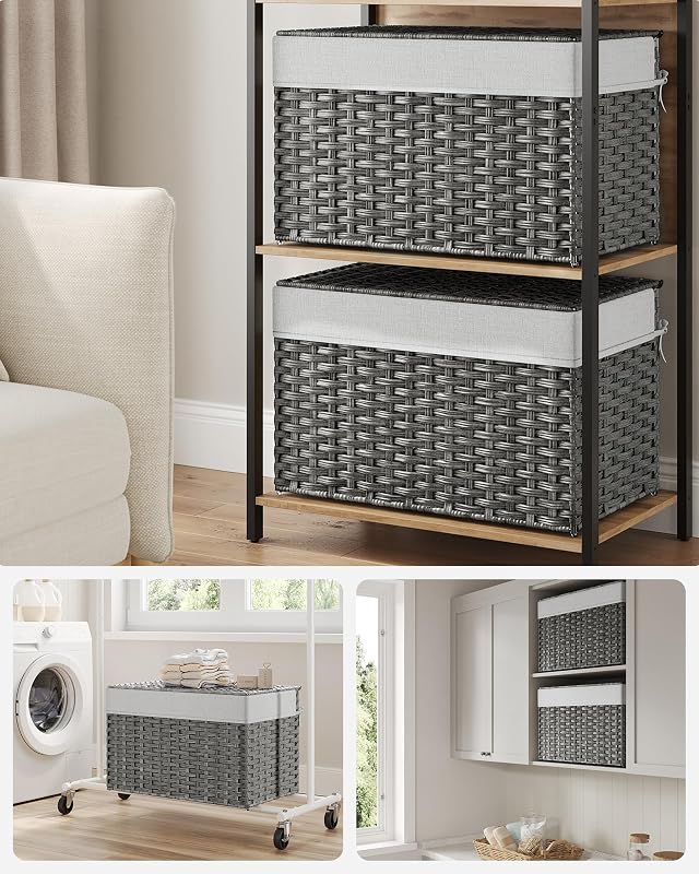 Cesto de Ropa Sucia, Cesta de Ratán Sintético 105 L con Tapa y Asas, Mimbre, Plegable, Forros Extraíbles, para Mantas, Ropa, Dormitorio, Baño, Lavandería, Gris Paloma RST066G01