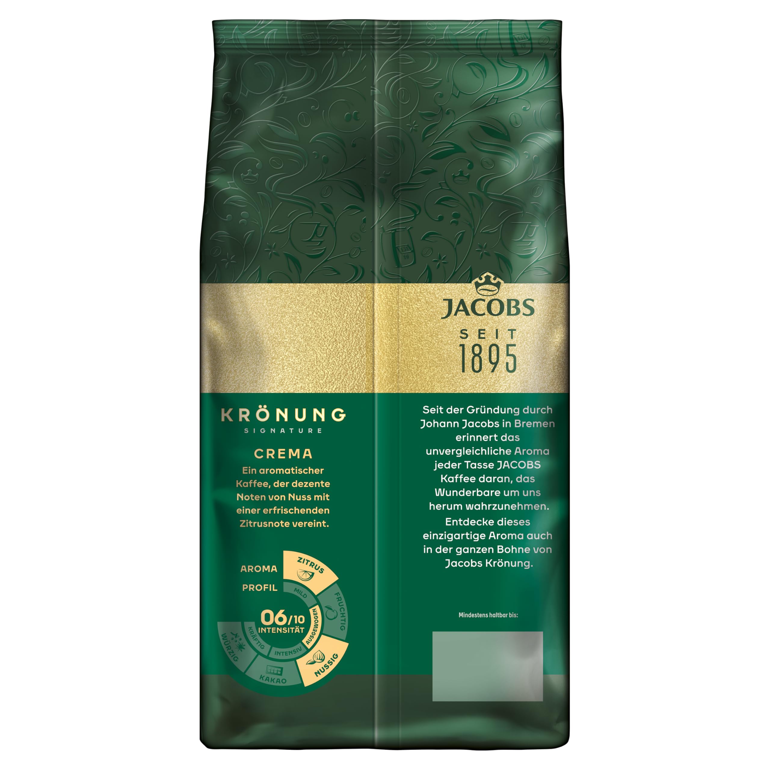 Jacobs Kaffeebohnen Krönung Crema, aromatisch mit Zitrus- & Nussnote, geröstet in Bremen, Intensität 6/10, Kaffee ganze Bohnen, 1 kg