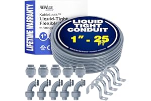 New Age America® 1" - 25FT KableLock™ Liquid-Tight Flexible Conduit | Electrical Conduit | Non Metallic | 5pc Straight + 5pc Angle Fittings + 5pc Pipe Support Straps | Waterproof PVC | UL