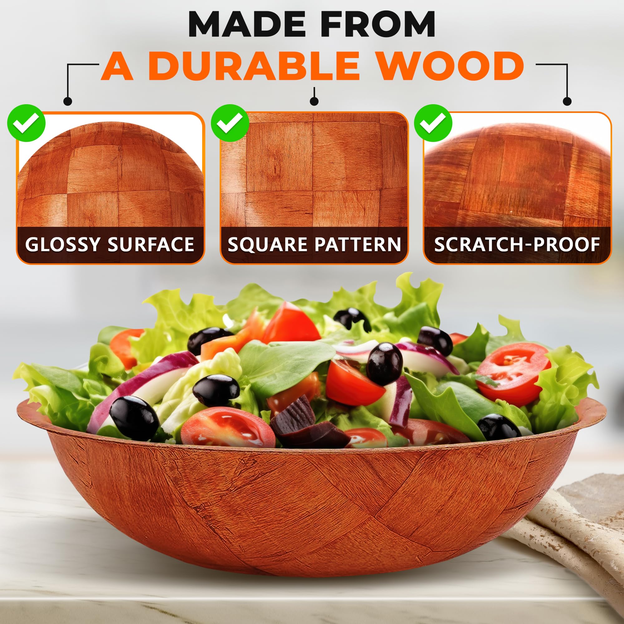 6Pcs Wooden Salad Bowl Set - 8 Inch Decorative Bowls for Kitchen Large Serving Bowls for Entertaining Small Snack Bowls Set Soup - Fruit Bowl for Kitchen Counter Salad Bowls for Lunch Serving Bowl Set - Image 3