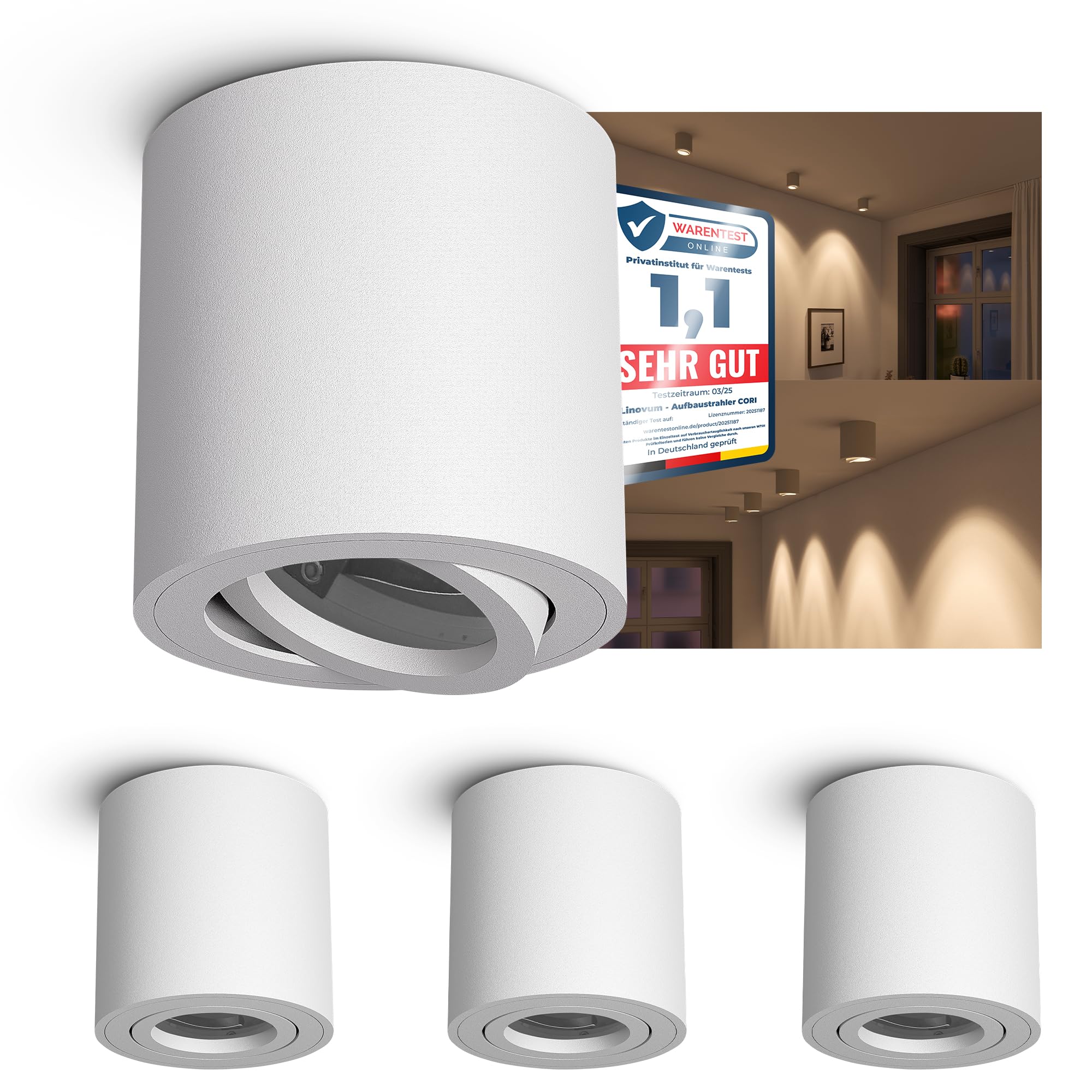 linovum Cori Surface-Mounted Lights Set in Matt White and Swivelling - Round Ceiling Light Surface-Mounted Suitable for GU10 and LED Modules - Set of 4