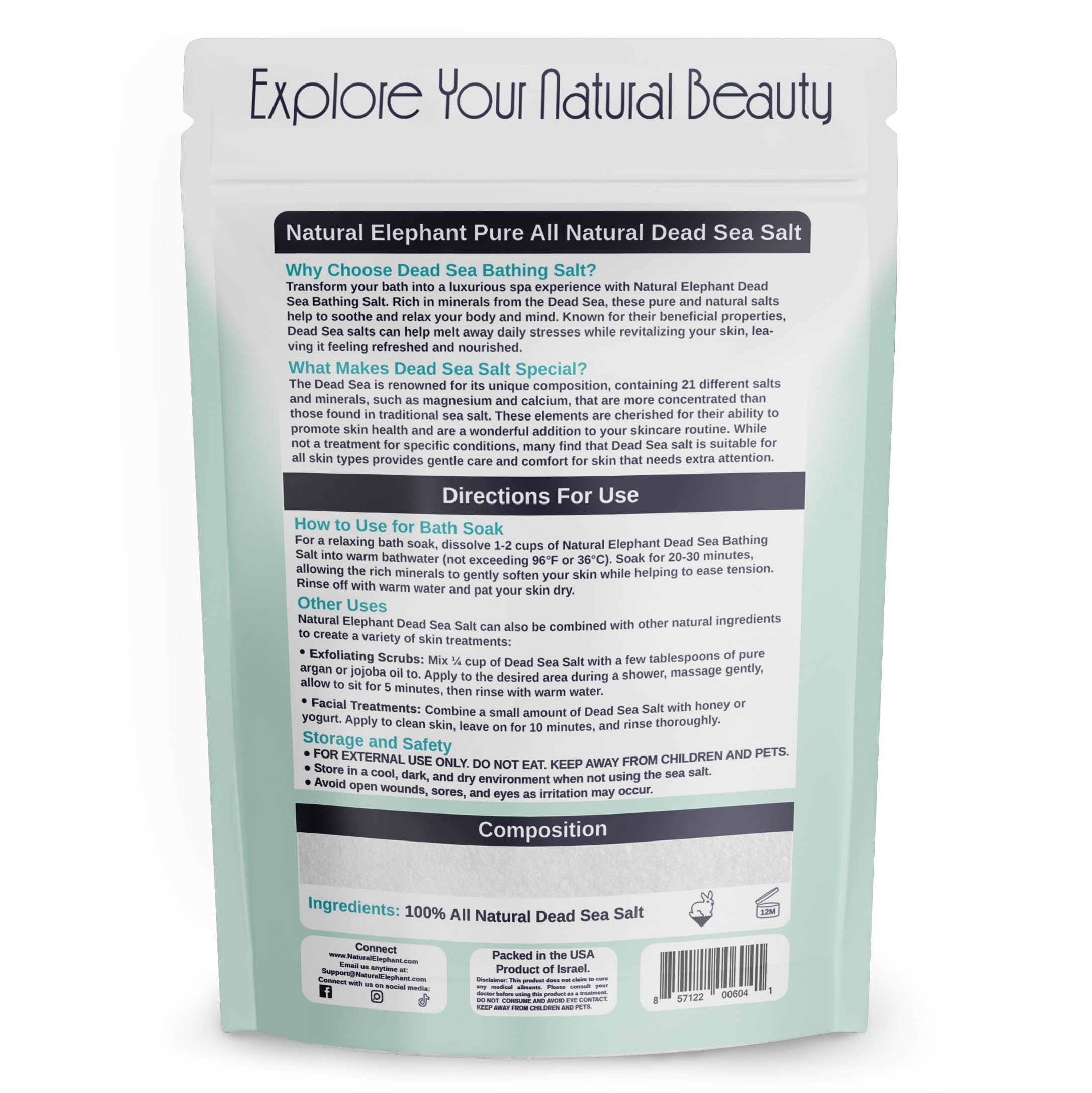 Natural Elephant Dead Sea Salt for Soaking & Bathing | 2 Pound Bag | Fine Grain | 100% Natural and Pure