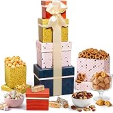 Broadway Basketeers Elegant Gift Basket Tower Cookies Popcorn &amp; Sweets | Large sweet and savory snack tower for families, friends, groups, offices, and all occasion food gifts.