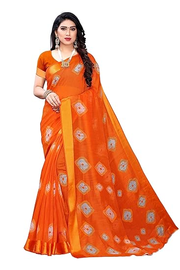 Womens Orange Linen Cotton Printed Saree With Blouse Piece (RIVI ORANGE_Free Size)