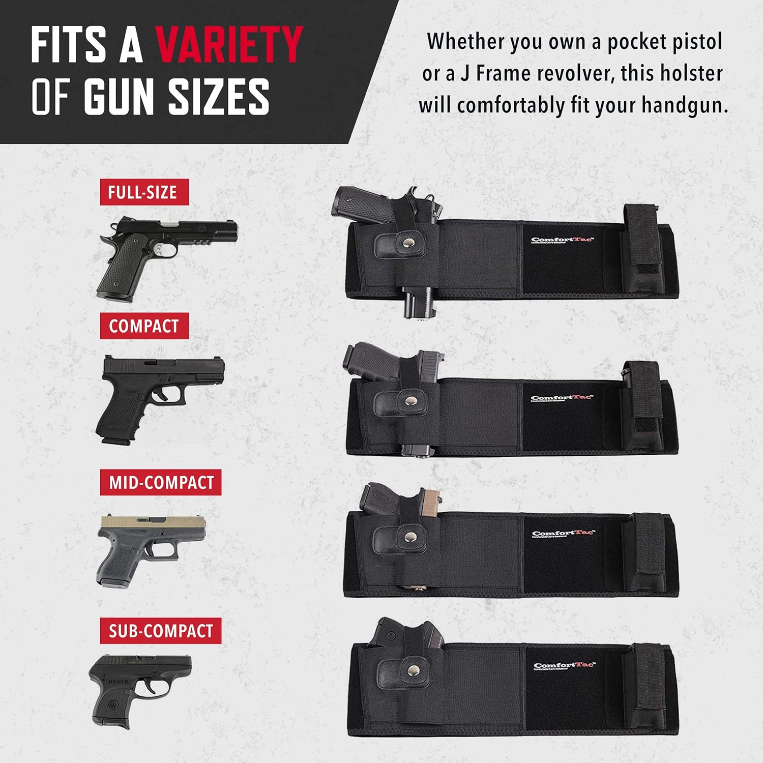 ComfortTac Ultimate Belly Band Gun Holster for Concealed Carry | Compatible with Smith and Wesson, Shield, Glock 19, 17, 42, 43, P238, Ruger LCP, and Similar Guns, for Men and Women : Sports & Outdoors