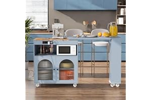 NicBex Rolling Kitchen Island with Extended Table Kitchen Island on Wheels with LED Lights Power Outlets and 2 Fluted Glass Doors with a Storage Compartment and Side 3 Open Shelves, Grey + Blue
