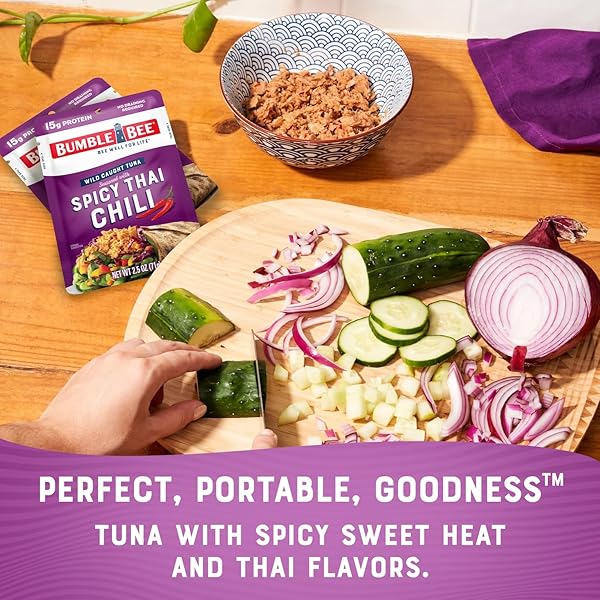 BUMBLE BEE SPICY THAI CHILI SEASONED TUNA POUCH – WILD CAUGHT AND READY TO EAT FOR SNACK, SALAD, KOREAN TUNA BOWL – 15G PROTEIN PER SERVING – PERFECT, PORTABLE, GOODNESS – 2.5 OZ PACKET (PACK OF 1)