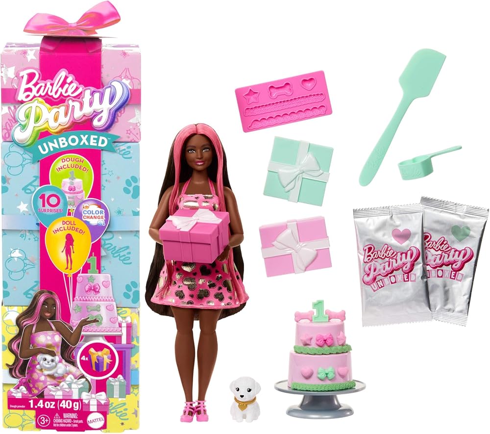 Barbie Party Unboxed Pet Birthday Shimmerin Hearts Set 10 Surprises JFG71