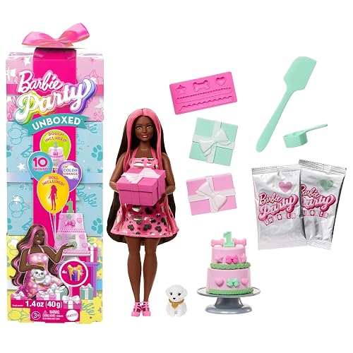 Barbie Party Unboxed Doll & Accessories, Pet Birthday Series Shimmerin’ Hearts Set with 10 Surprises Including Color Change & Cake-Decorating Activity, JFG71