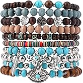 Mikovivi 10pcs Western Bracelets for Women, Turquoise Bead Boho Bracelets with Pendants Cowgirl Jewelry for Layering Bohemian Country Accessories