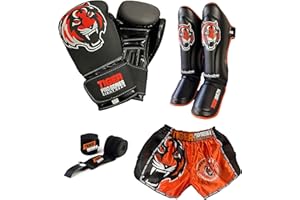 Tiger Pro Adult Muay Thai Sparring Taekwondo Fight Gear Set - Gloves, Shin Guards, Hand Wrap and Shorts