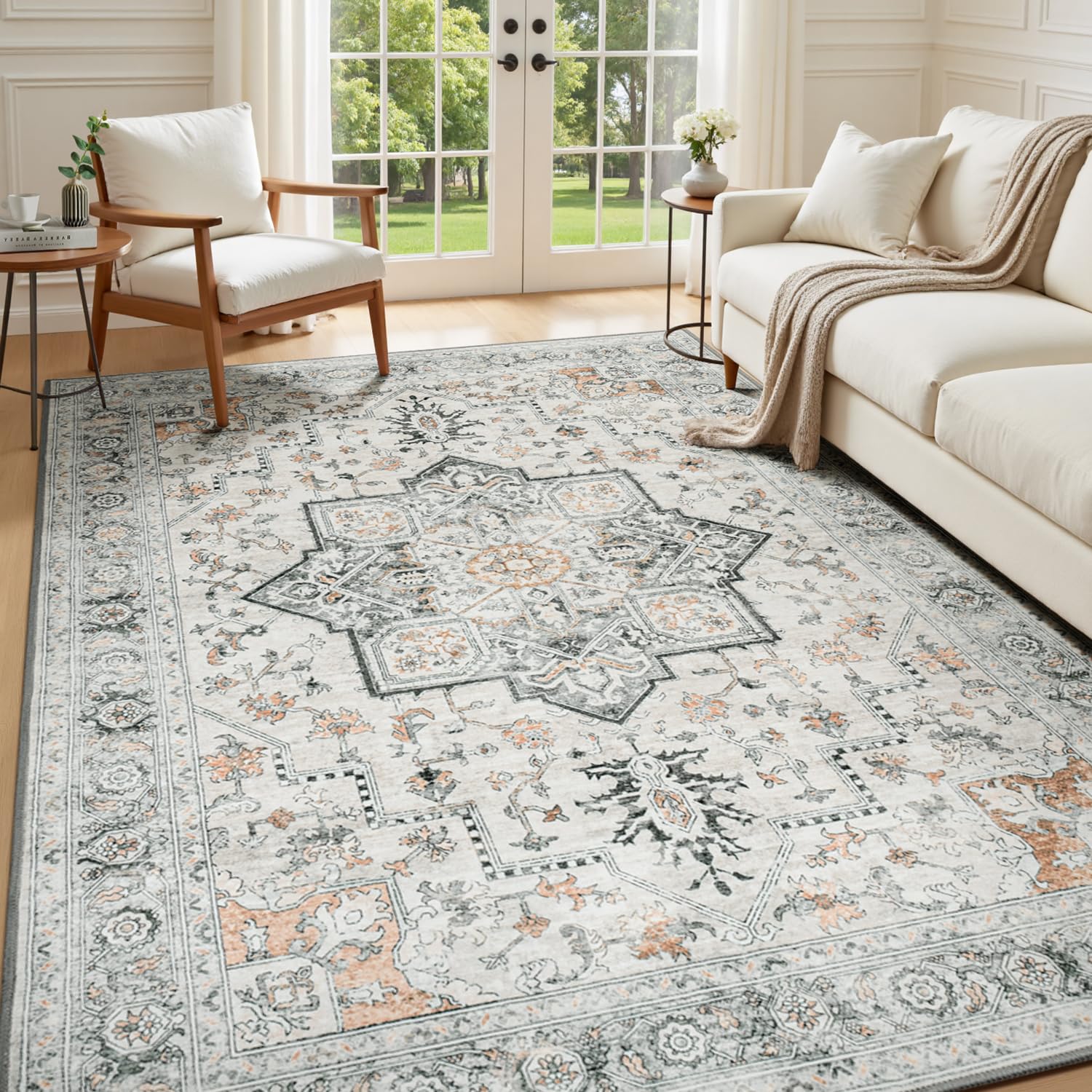 Lessymo 5x7 Area Rugs for Living Room, Washable Rug for Bedroom Kitchen Dining Room, Soft Vintage Carpet Non Slip, Large Boho Rug Low Pile for Entryway Dorm Nursery Kids Room Bedside, Grey/Brown Image