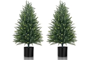 Yangrass 3FT Artificial Cedar Topiary Tree Set of 2, Faux Evergreen Pine Shrubs Plants with Pot, Realistic Fake Plants for Indoors Outdoors Front Porch Christmas Decor